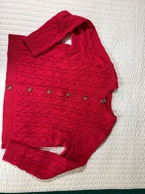 LandsEnd L Red Cable Cardigan Sweater